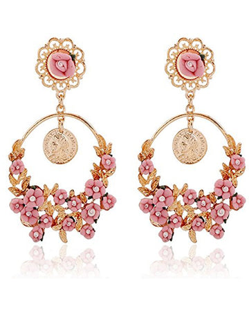 Pink Flower Shape Resin Fancy Party Wear Dangle Chandbali Earrings