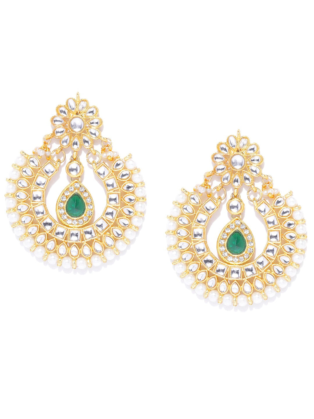 Kundan Green Stone Chandbali Earrings - view 8