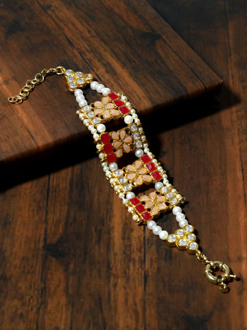 Peach and Ruby Kundan Studded Handcrafted Bracelet