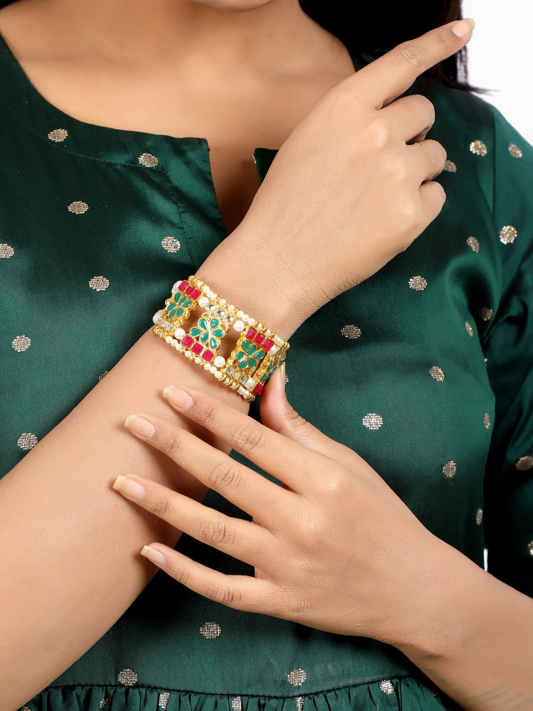 Ruby and Green Kundan Studded Handcrafted Bracelet