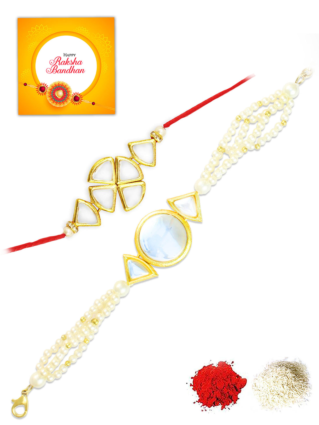 Karatcart Rakhi for Brother and Bhabhi Set of 2 Gold Plated Handmade Kundan Bhiya Bhabhi Rakhi Combo with Roli & Chawal