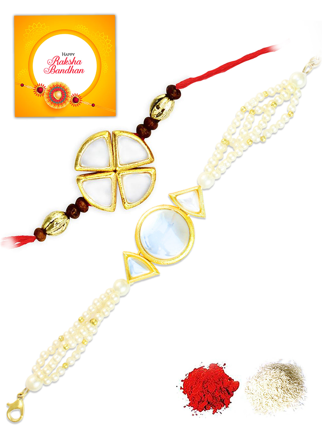 Karatcart Rakhi for Brother and Bhabhi Set of 2 Gold Plated Handmade Kundan Bhiya Bhabhi Rakhi Combo with Roli & Chawal