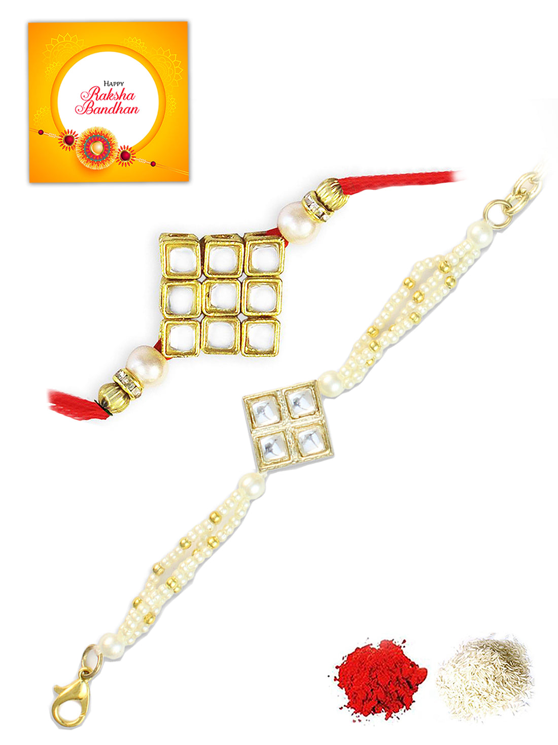 Karatcart Rakhi for Brother and Bhabhi Set of 2 Gold Plated Handmade Kundan Bhiya Bhabhi Rakhi Combo with Roli & Chawal