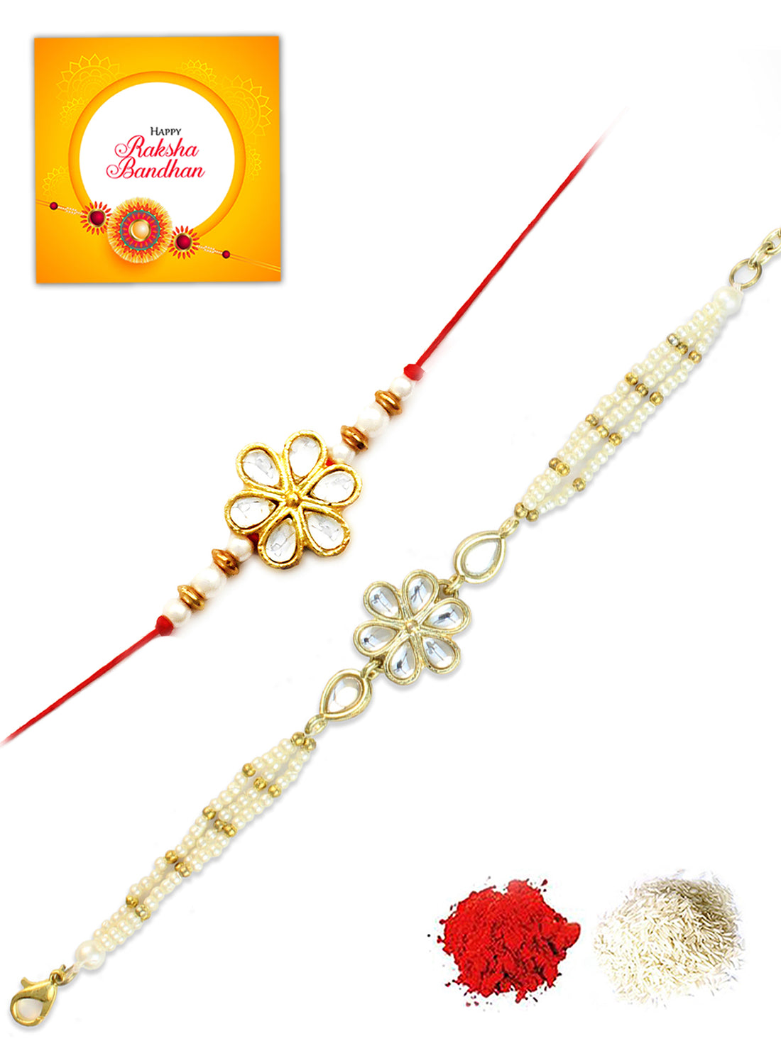 Karatcart Rakhi for Brother and Bhabhi Set of 2 Gold Plated Handmade Kundan Bhiya Bhabhi Rakhi Combo with Roli & Chawal