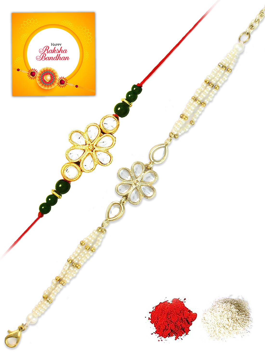 Karatcart Rakhi for Brother and Bhabhi Set of 2 Gold Plated Handmade Kundan Bhiya Bhabhi Rakhi Combo with Roli & Chawal