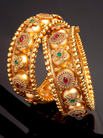 Traditional Gold-Plated Red and Green Stone-Studded Jadau Bangles