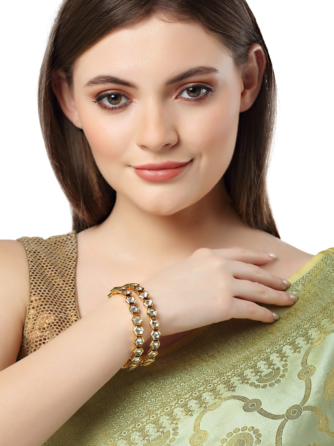 Karatcart Set of 2 Antique Kundan Gold Plated Rajwadi Bangles for Women