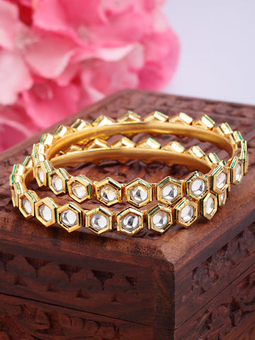 Karatcart Set of 2 Antique Kundan Gold Plated Rajwadi Bangles for Women