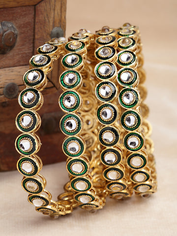 Karatcart Set of 4 Antique Gold Plated Green Kundan Rajwadi Bangles for Women