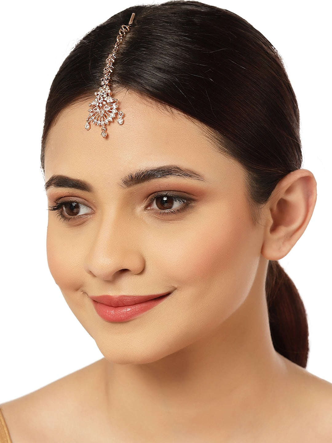 Rose Gold-Plated White AD Stone Studded Maangtikka