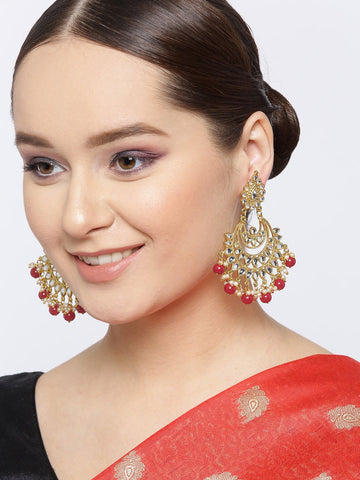 Karatcart Red Beads and Kundan Chandbali Earrings