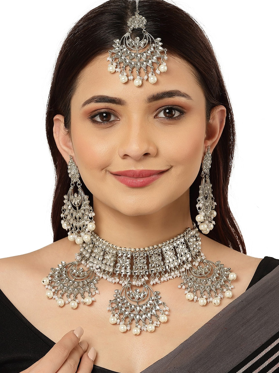 Women Silver-Plated Pearl Beaded Kundan Choker Necklace Set