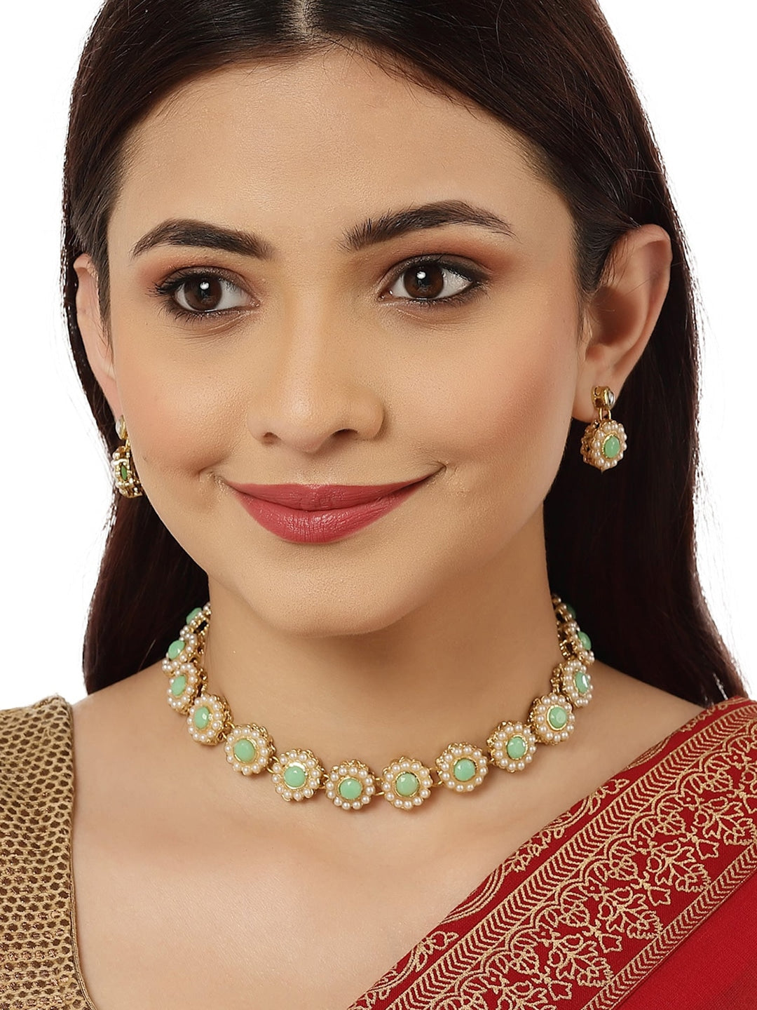 Women Lime Green Gold Plated Kundan Studded Jewellery Set