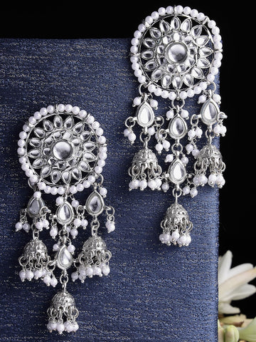 Silver-Toned Floral Jhumkas Earrings