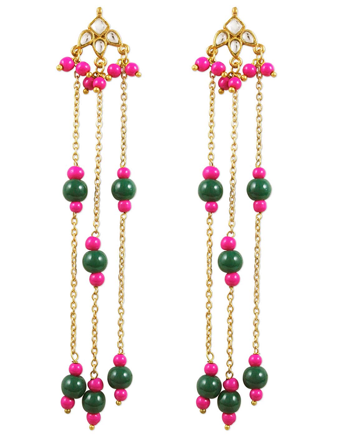 Pink and Green Tassel Kundan Earrings