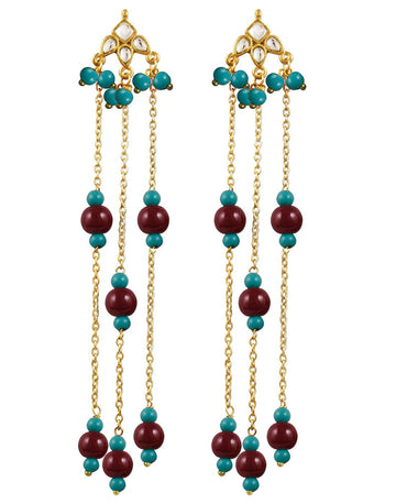 Karatcart Kundan Earrings with Red Blue beads Tassels