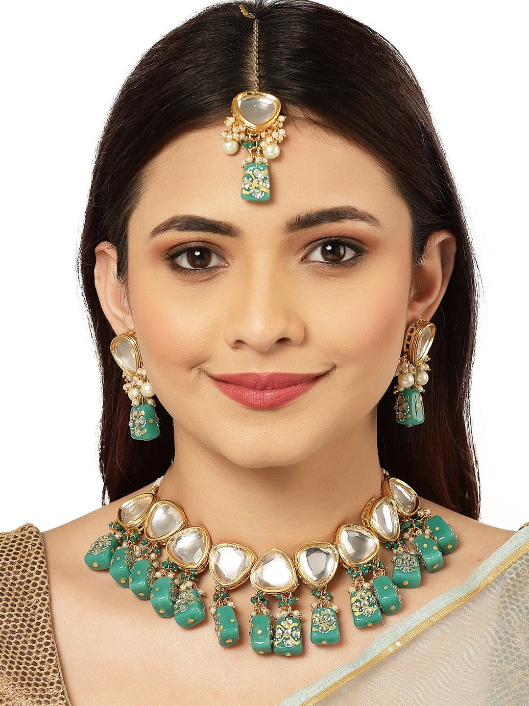 Gold Plated Dark Green Tumble Studded Polki Kundan Choker Necklace Set