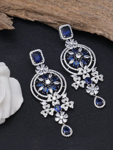 Women Blue & Silver-Toned Floral Drop Earrings