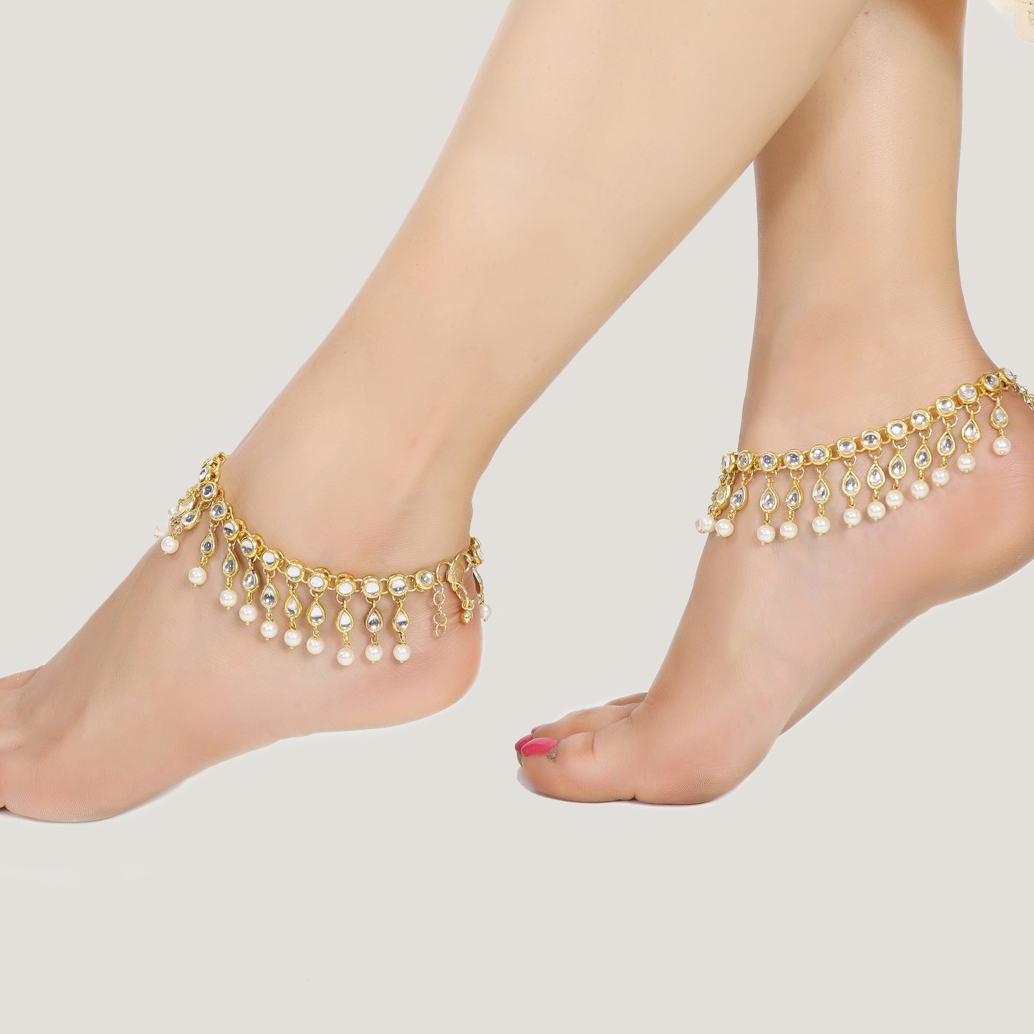 Gold-Plated Kundan & Pearls Studded Anklets