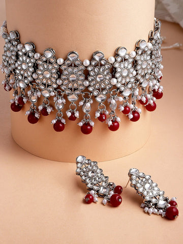 Oxidised Silver-Plated Red Kundan Studded Jewellery Set