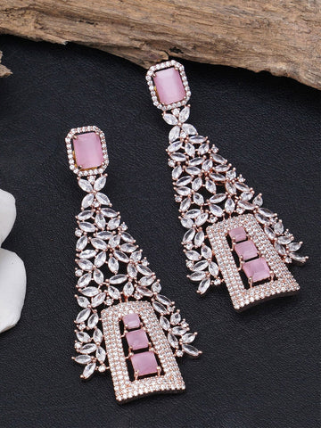 Pink & Rose Gold American Diamond Studded Contemporary Drop Earrings