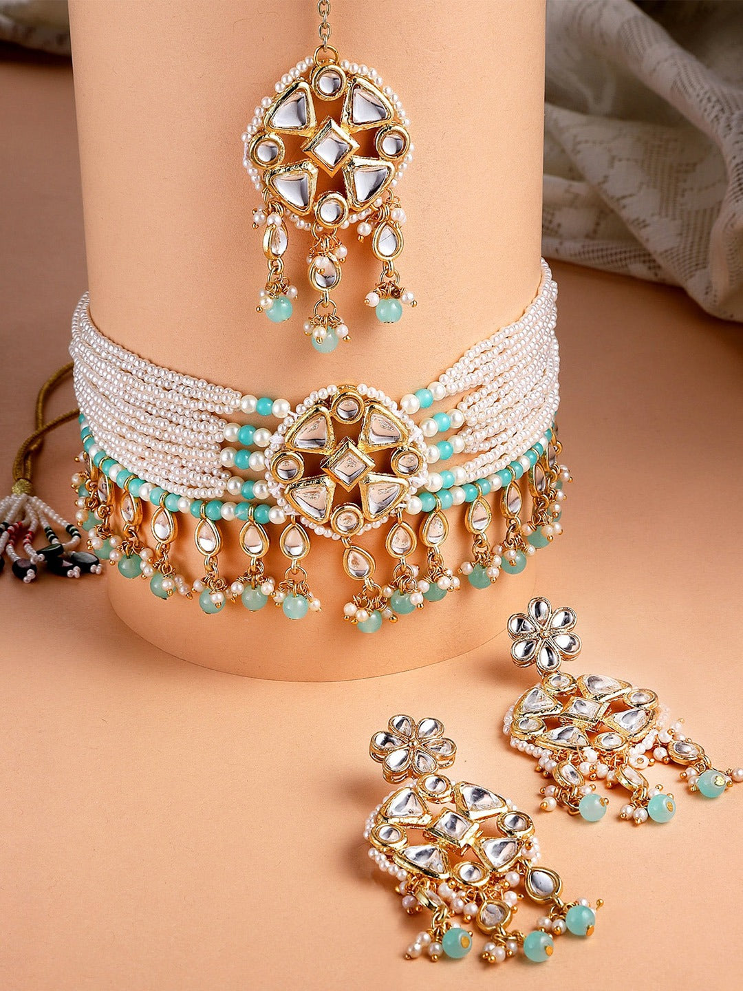 Women Gold Plated Light Blue Beads Studded Kundan Choker Necklace Set