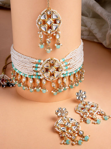 Women Gold Plated Light Blue Beads Studded Kundan Choker Necklace Set