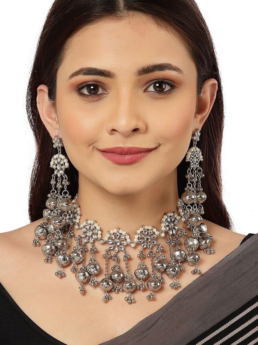 Silver-Plated Oxidised Kundan Studded Choker Jewellery Set