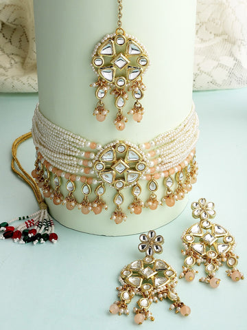 Women Gold Plated Peach Beads Studded Kundan Choker Necklace Set