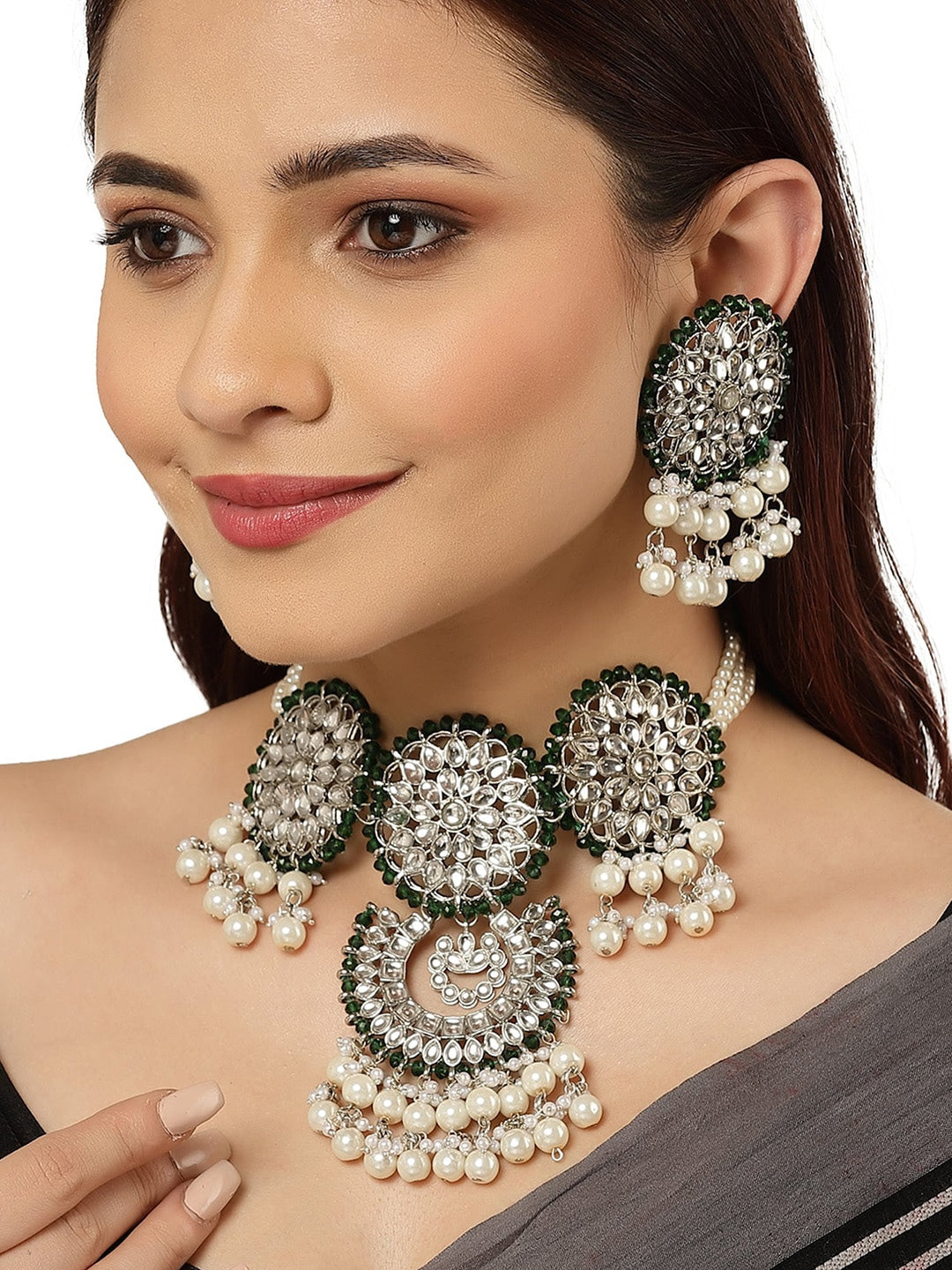 Silver-Plated Oxidised Silver & Green Kundan Studded Jewellery Set