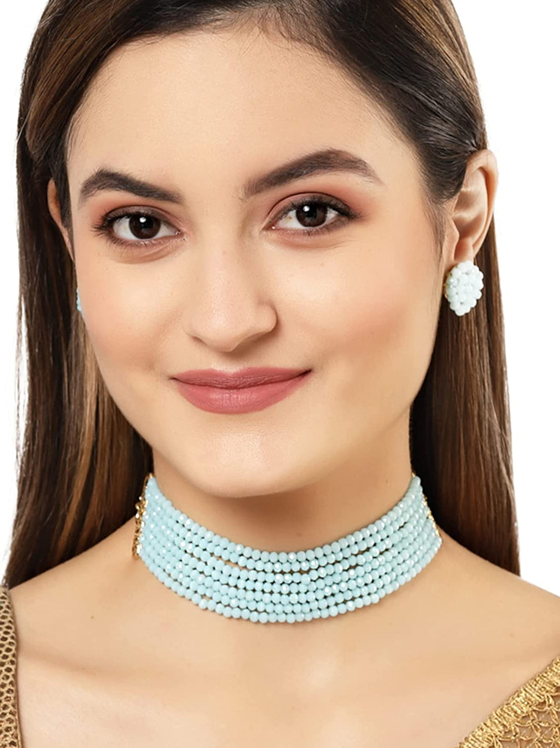 Karatcart Aqua Crystal Beaded Choker Necklace Setfor Women