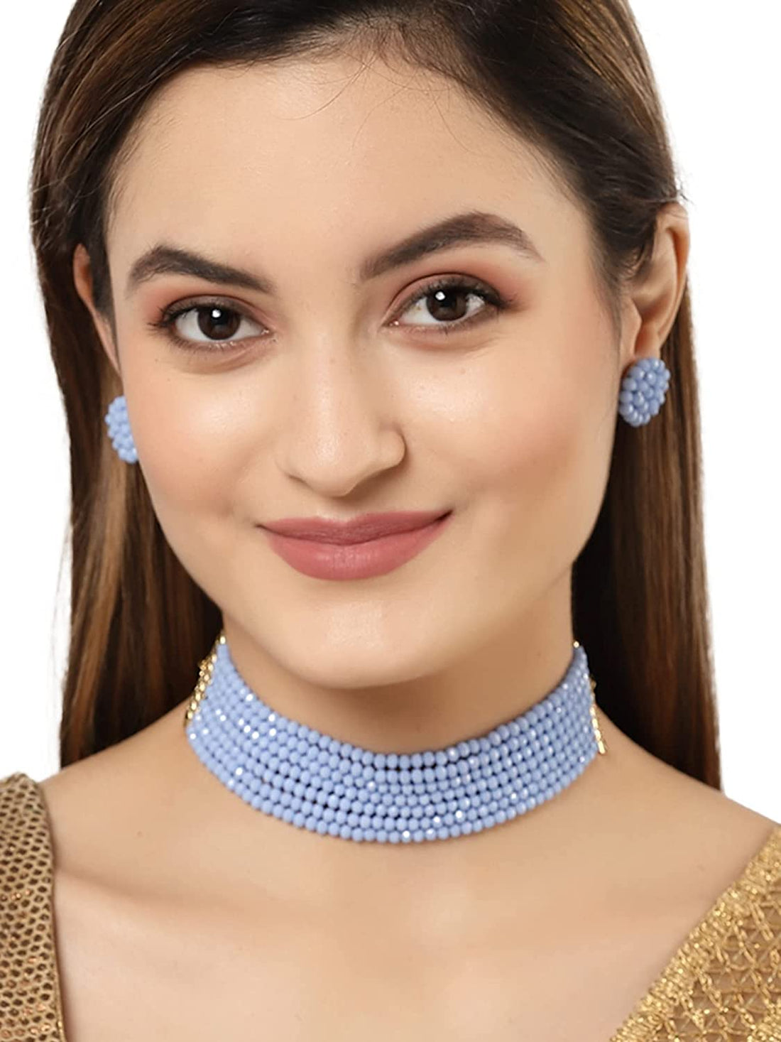 Karatcart Light Blue Crystal Beaded Choker Necklace Setfor Women