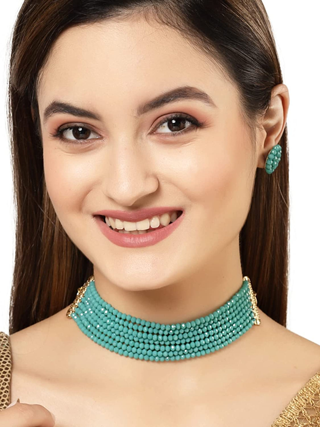 Karatcart Turquoise Crystal Beaded Choker Necklace Setfor Women