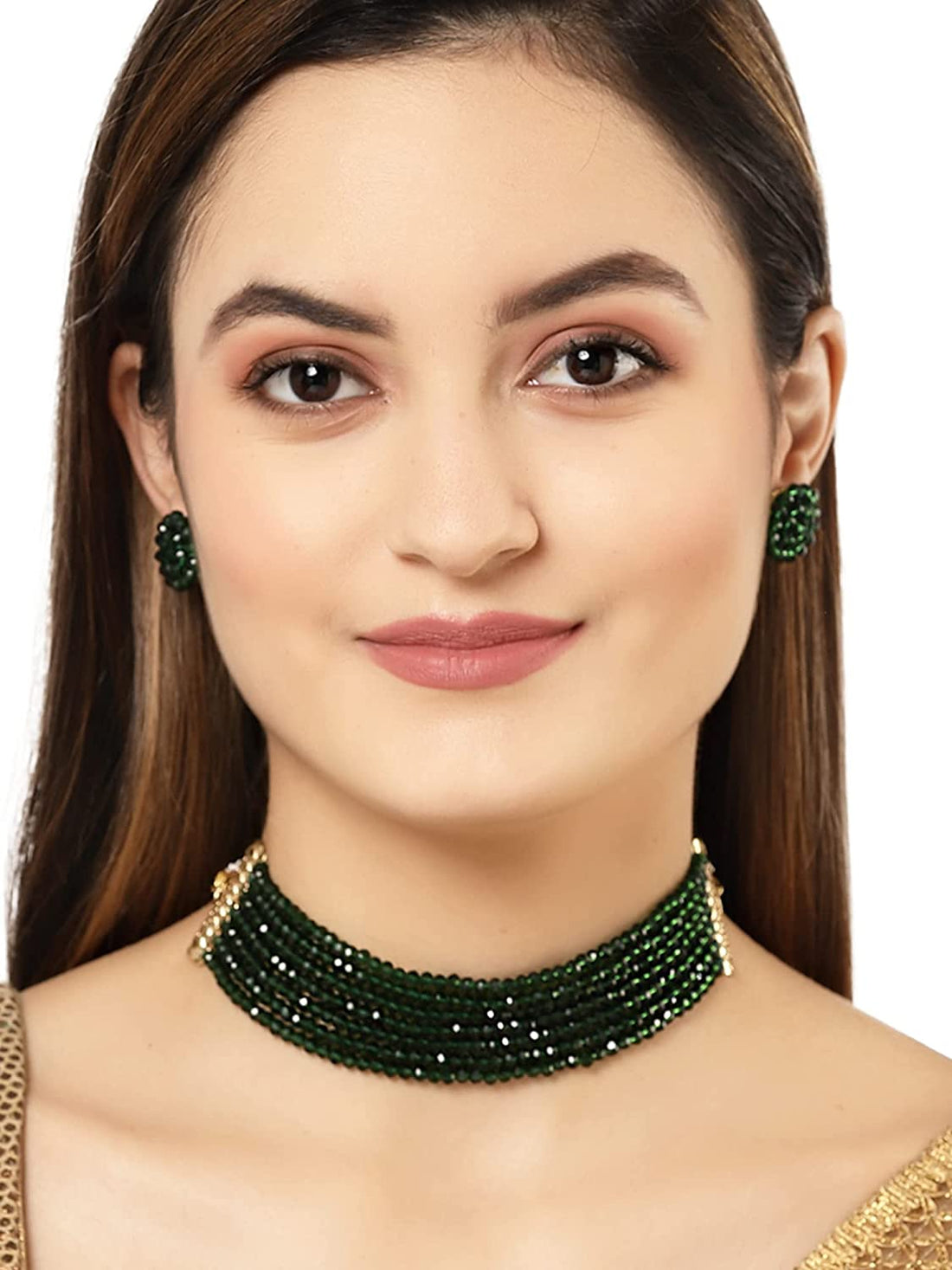 Karatcart Green Crystal Beaded Choker Necklace Setfor Women