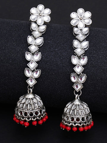 Red & Silver-Toned Floral Jhumkas Earrings