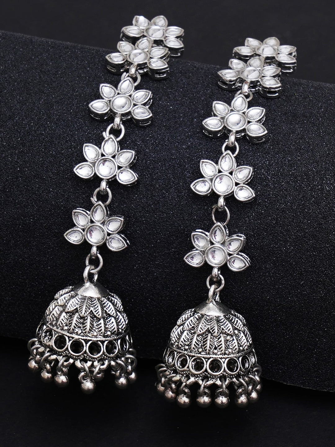 Silver-Toned Floral Kundan Studded Jhumkas Earrings