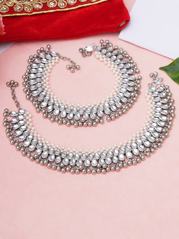 Set Of 2 Oxidised Silver-Plated White Kundan-Studded Anklets