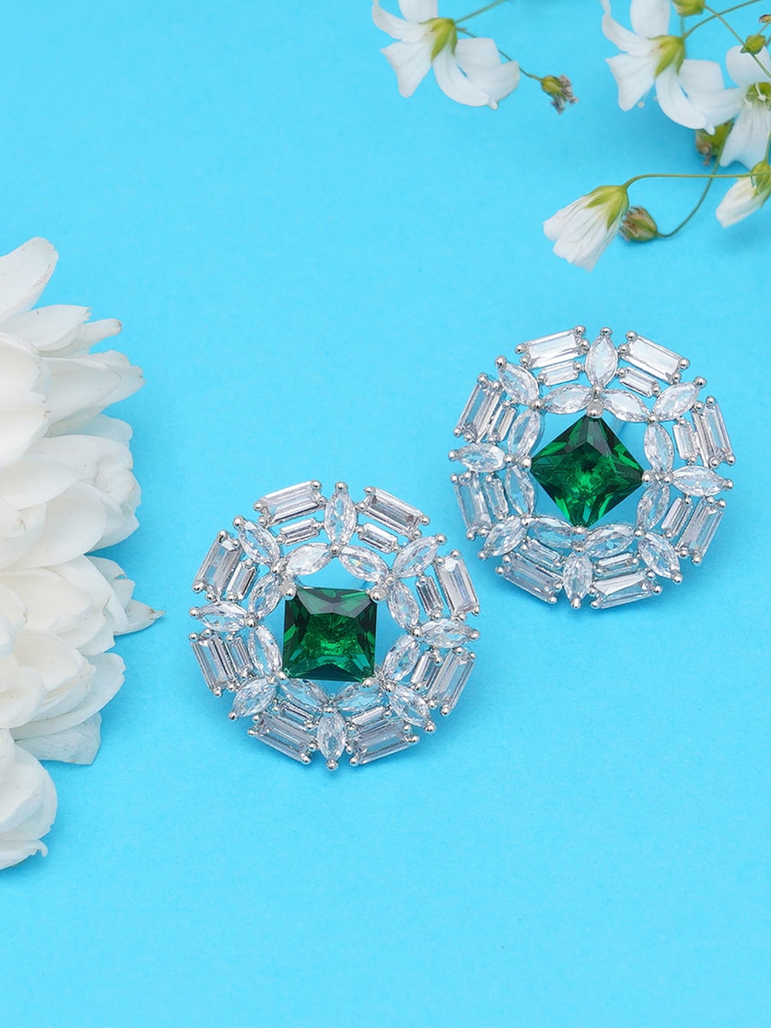 Silver-Plated Green AD Studded Contemporary Studs Earrings