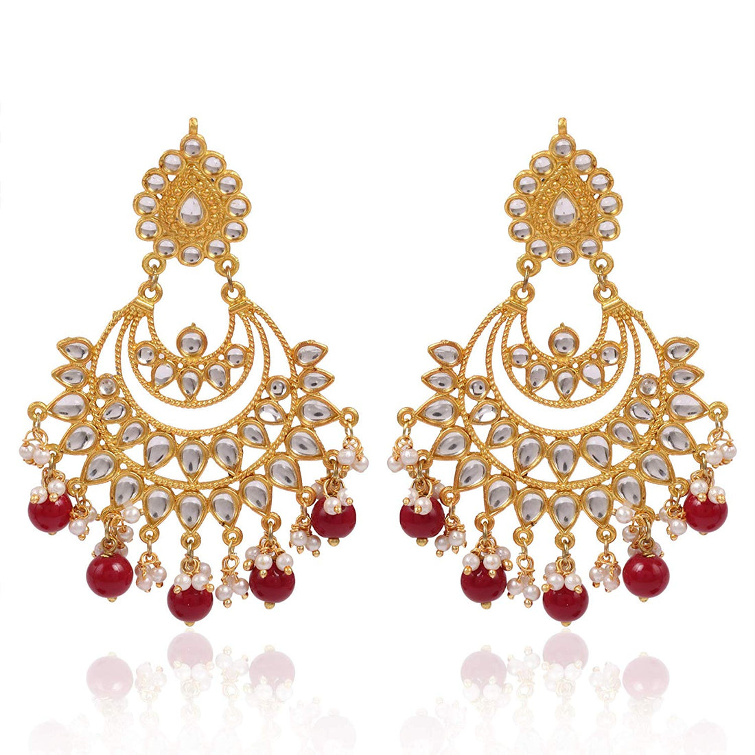 Karatcart Red Beads and Kundan Chandbali Earrings