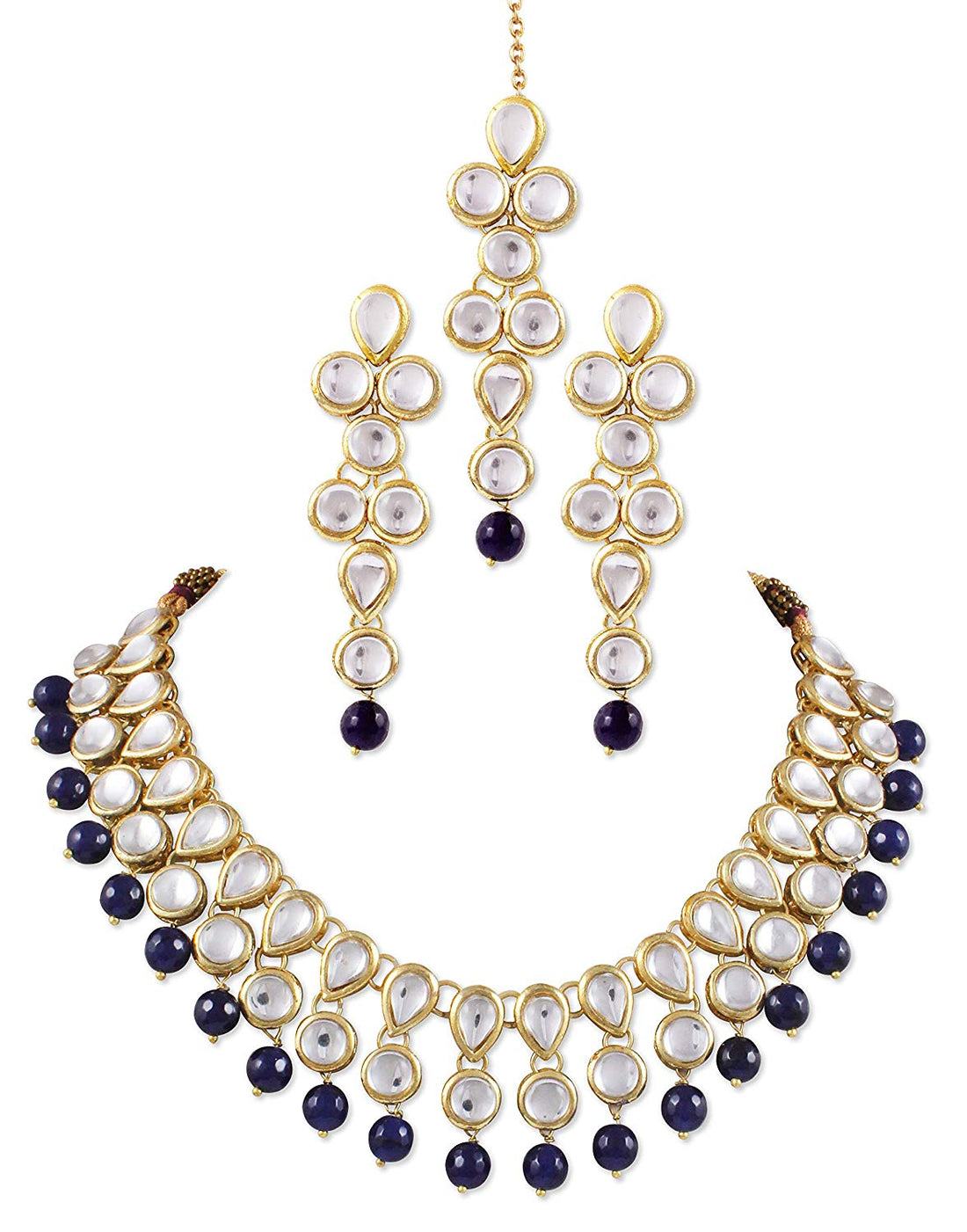 Karatcart Traditional Kundan Necklace Set with Earrings and Blue Beads