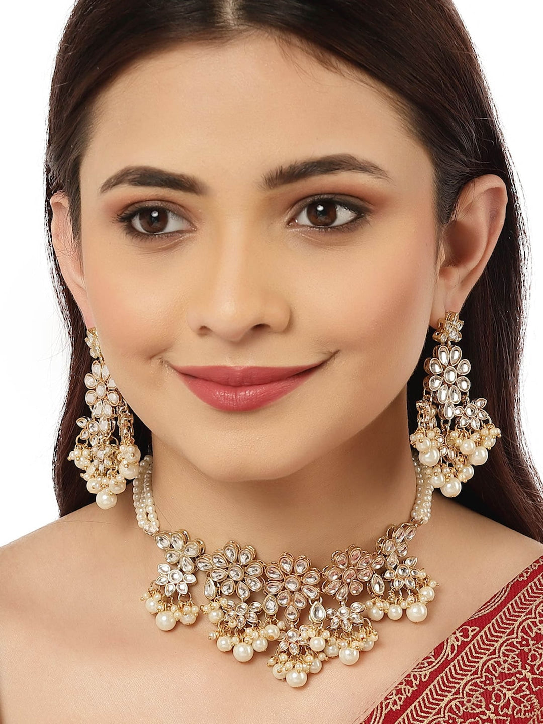 Gold-Plated White Kundan-Studded & Pearl Beaded Jewellery Set