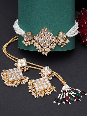 Gold-Plated & White Kundan & Beaded Choker Jewellery Set