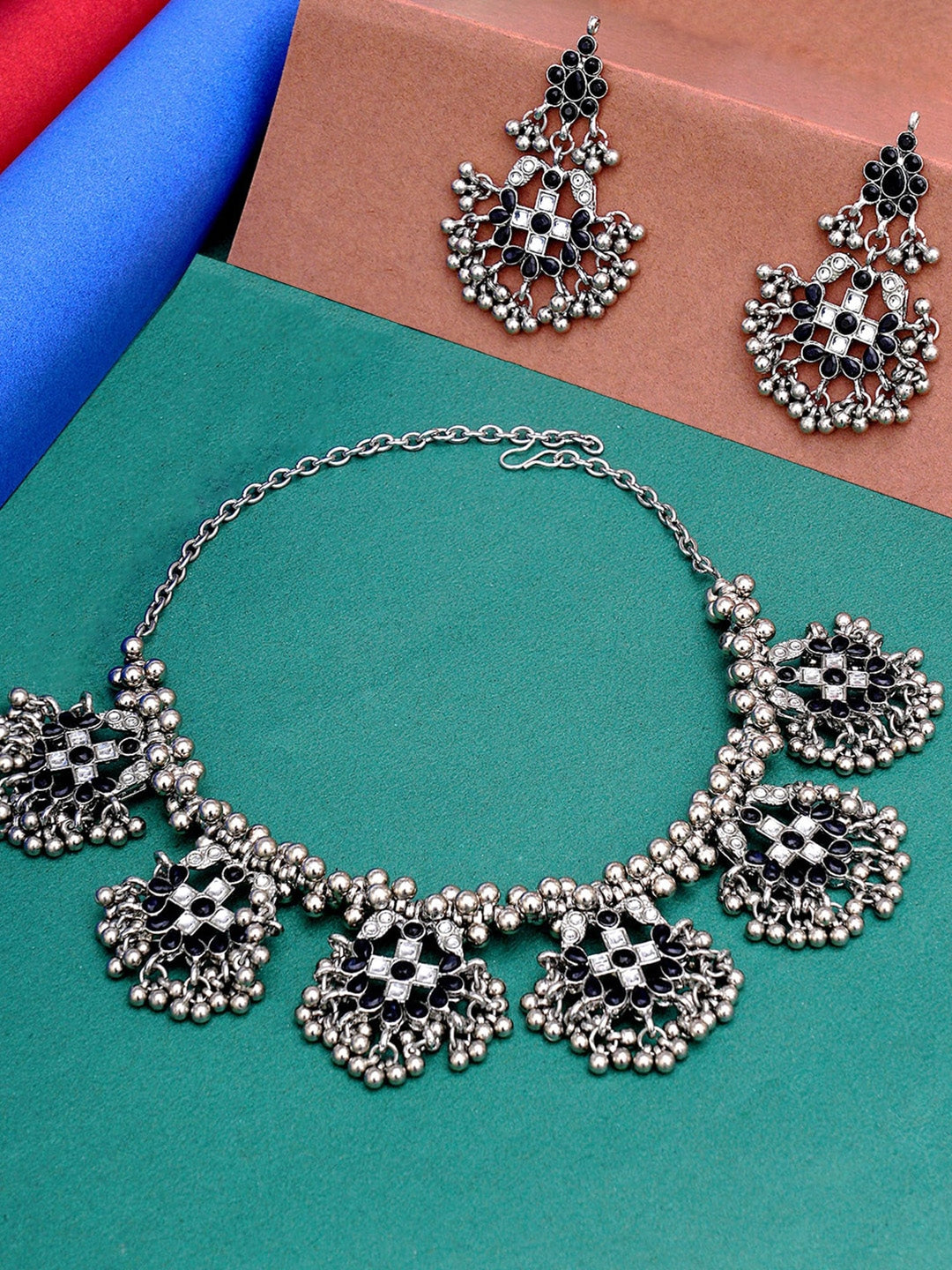 Women Black Oxidised Silver- Plated Stone Studded Jewellery Set