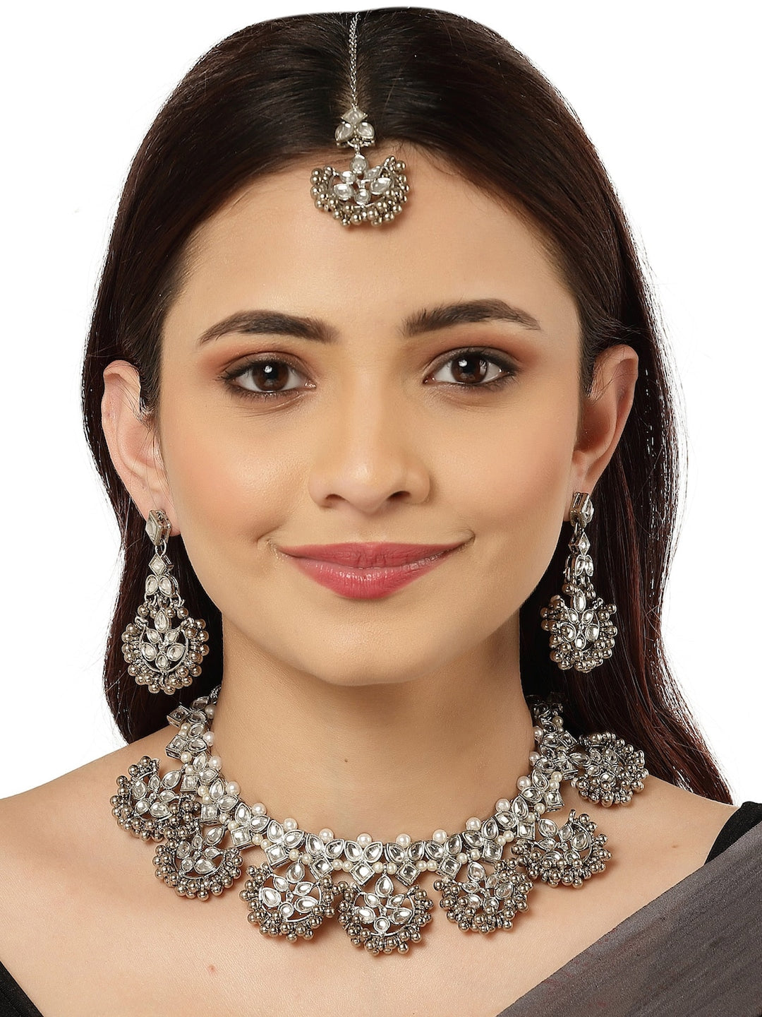 Oxidised Silver-Plated & Kundan Stone-Studded Jewellery Set