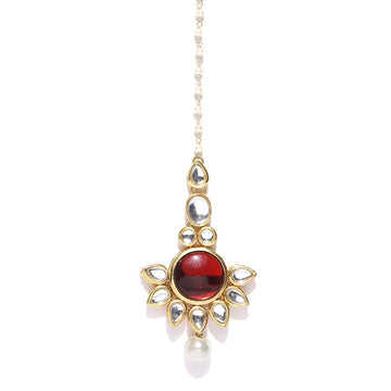 Traditional Gold Plated Red Crystal Pearl Beads Kundan Maangtikka For Women