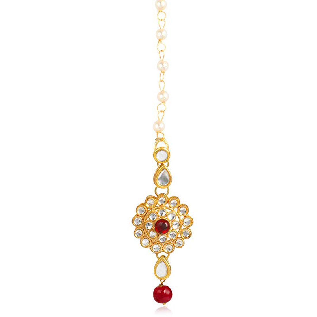 Traditional Gold Plated Red Beads Kundan Maangtikka For Women
