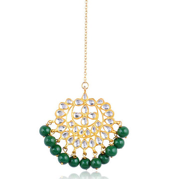 Traditional Gold Plated Green Beads Kundan Maangtikka For Women