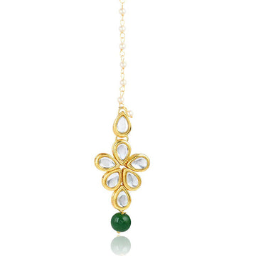 Traditional Gold Plated Green Beads Kundan Maangtikka For Women