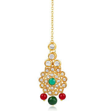 Traditional Gold Plated Green Stone Pearl Beads Kundan Maangtikka For Women