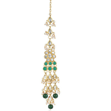 Traditional Gold Plated Green Beads Kundan Maangtikka For Women